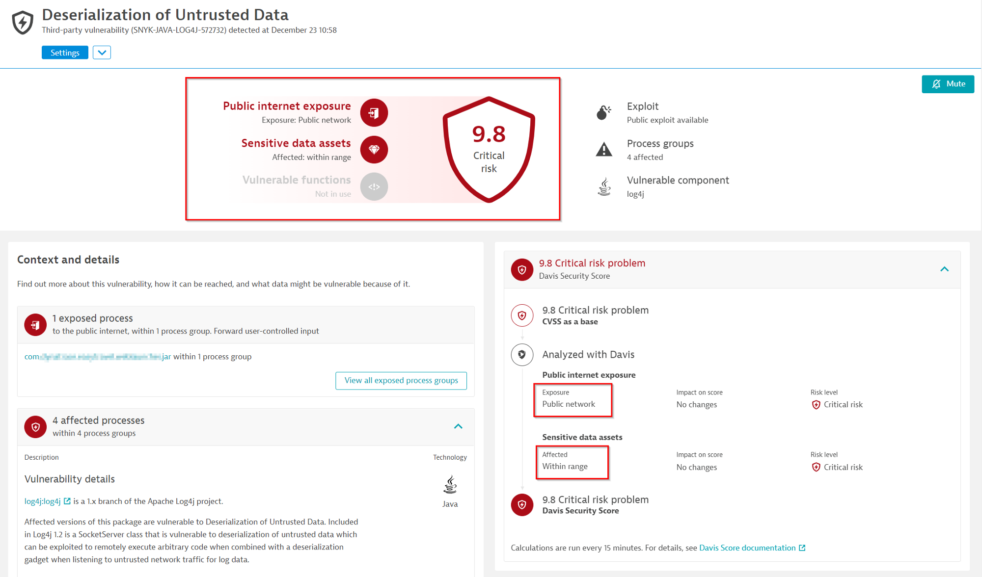 Scenario-4: Davis AI automatically has detected the exposure to Public network and sensitive data access within range marking the risk level to Critical and a DSS score to 9.8